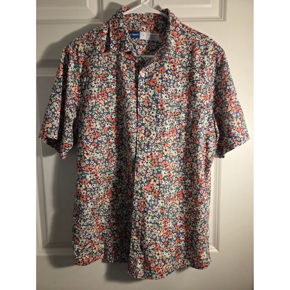 Old Navy Mens Short Sleeve Button Up Shirt Floral Print Blue Coral Green Size M